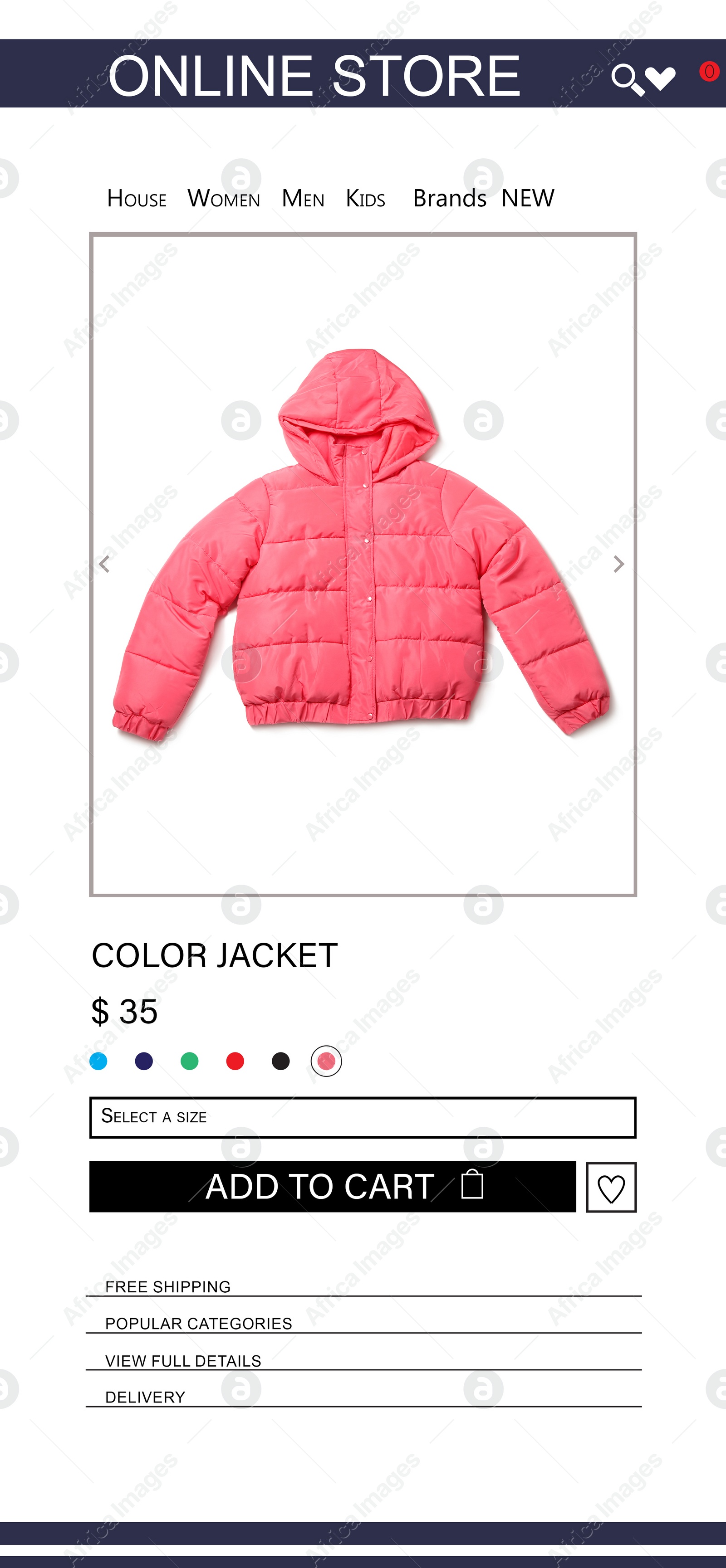 Image of Online store website page with jacket and information. Image can be pasted onto smartphone screen
