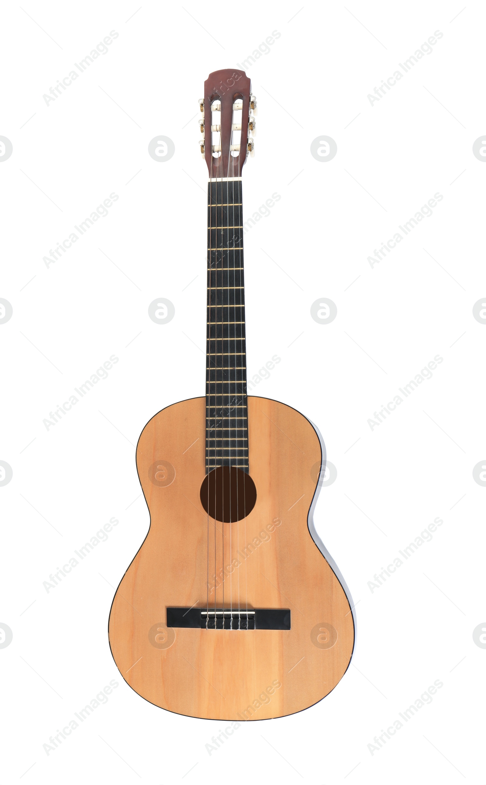 Photo of Acoustic guitar on white background, top view