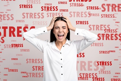 Image of Stressed young woman and text on light background