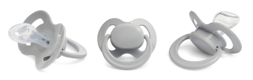 Image of Collage of light grey baby pacifier on white background, views from different sides