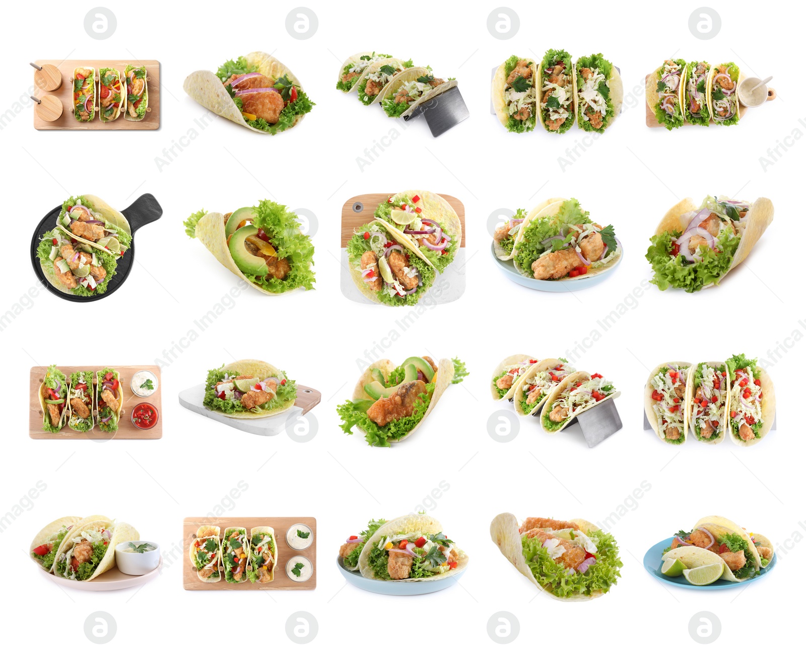 Image of Set of delicious fresh fish tacos on white background