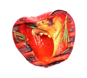 Photo of Half of grilled bell pepper and rosemary isolated on white, top view
