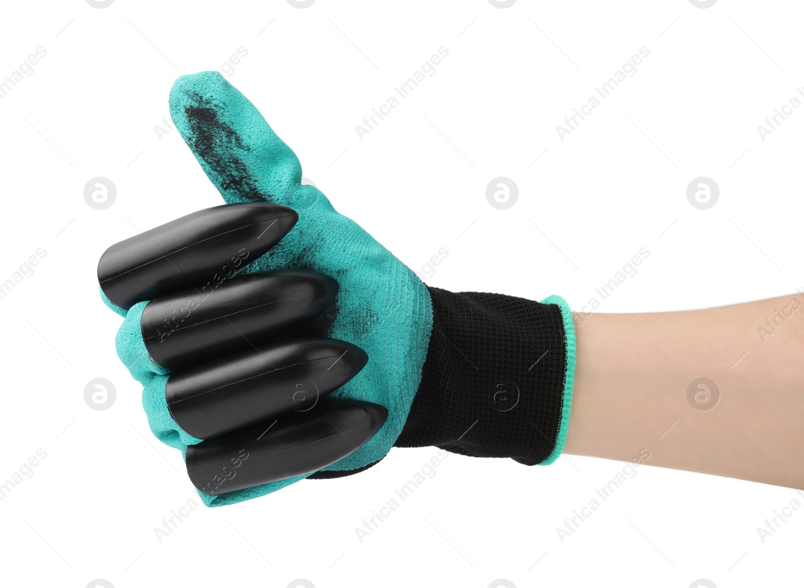 Photo of Woman in claw gardening glove showing thumbs up on white background, closeup
