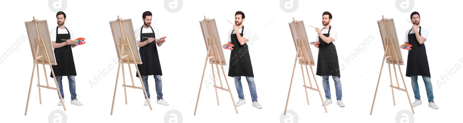 Image of Collage with photos of painter near easel on white background