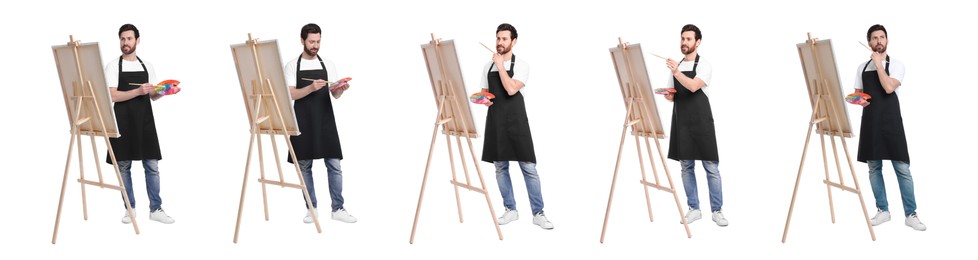 Image of Collage with photos of painter near easel on white background