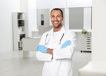 Nurse with stethoscope in uniform at hospital