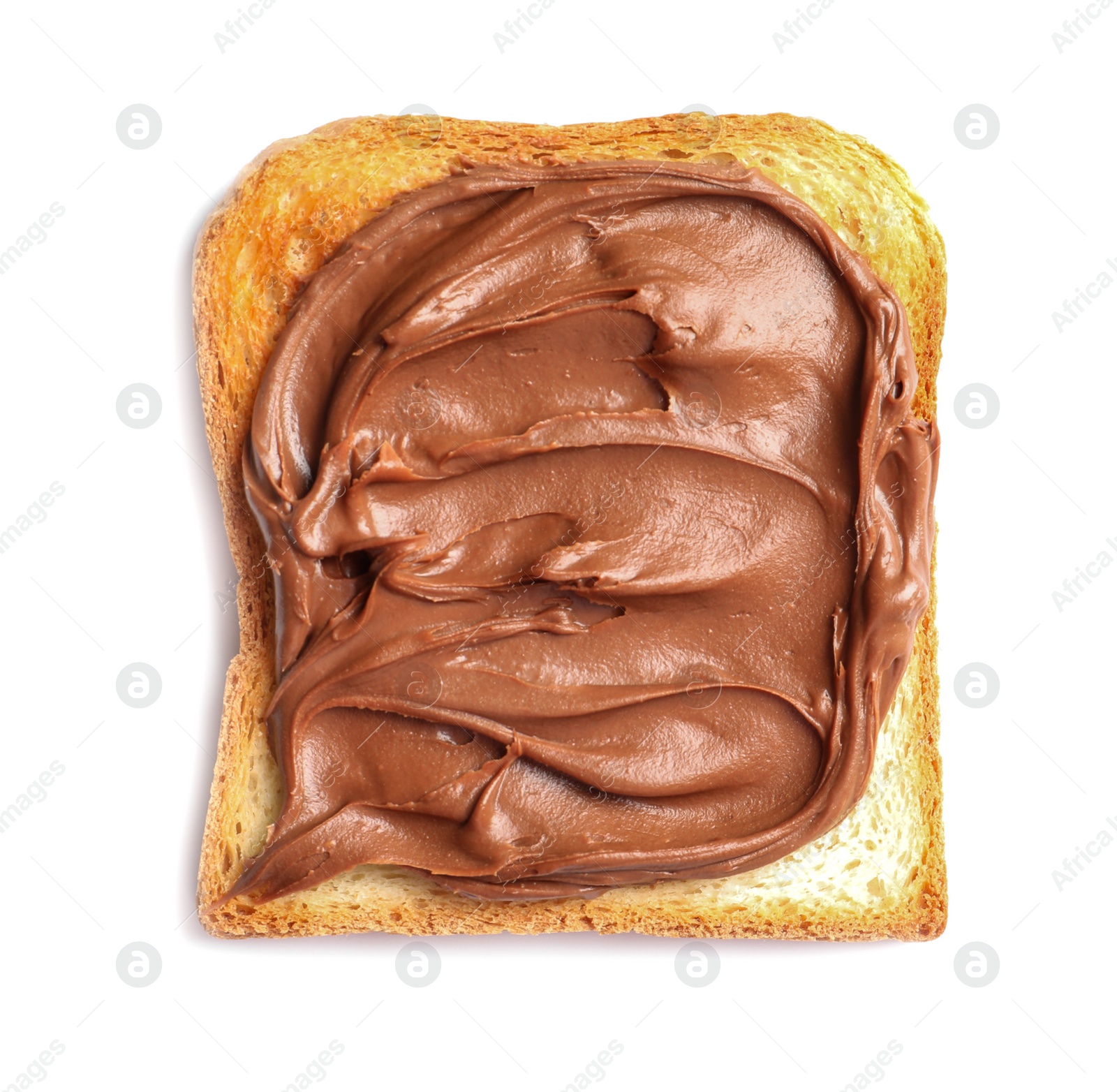 Photo of Toast bread with tasty chocolate spread on white background