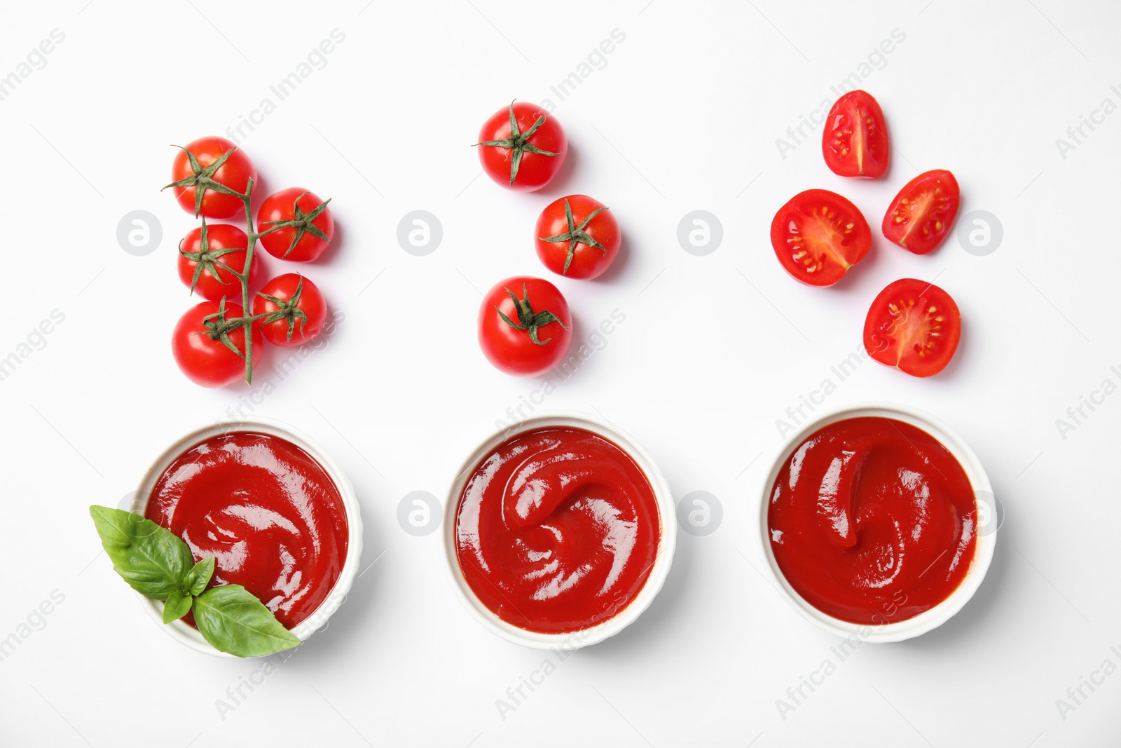 Photo of Composition with tasty homemade tomato sauce on white background, top view
