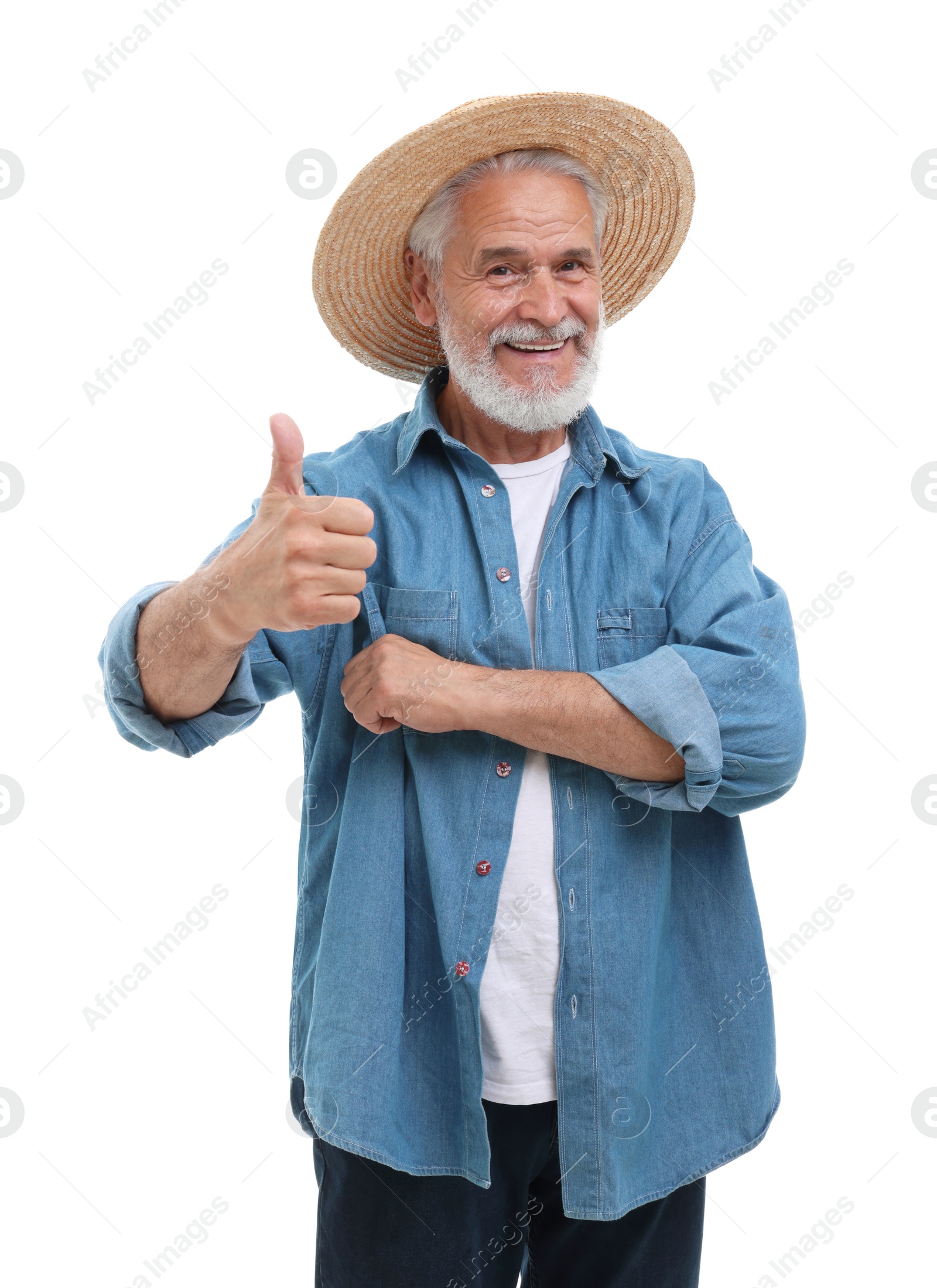 Photo of Happy farmer showing thumb up on white background. Harvesting season