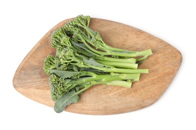 Photo of Wooden board with fresh raw broccolini isolated on white, top view. Healthy food