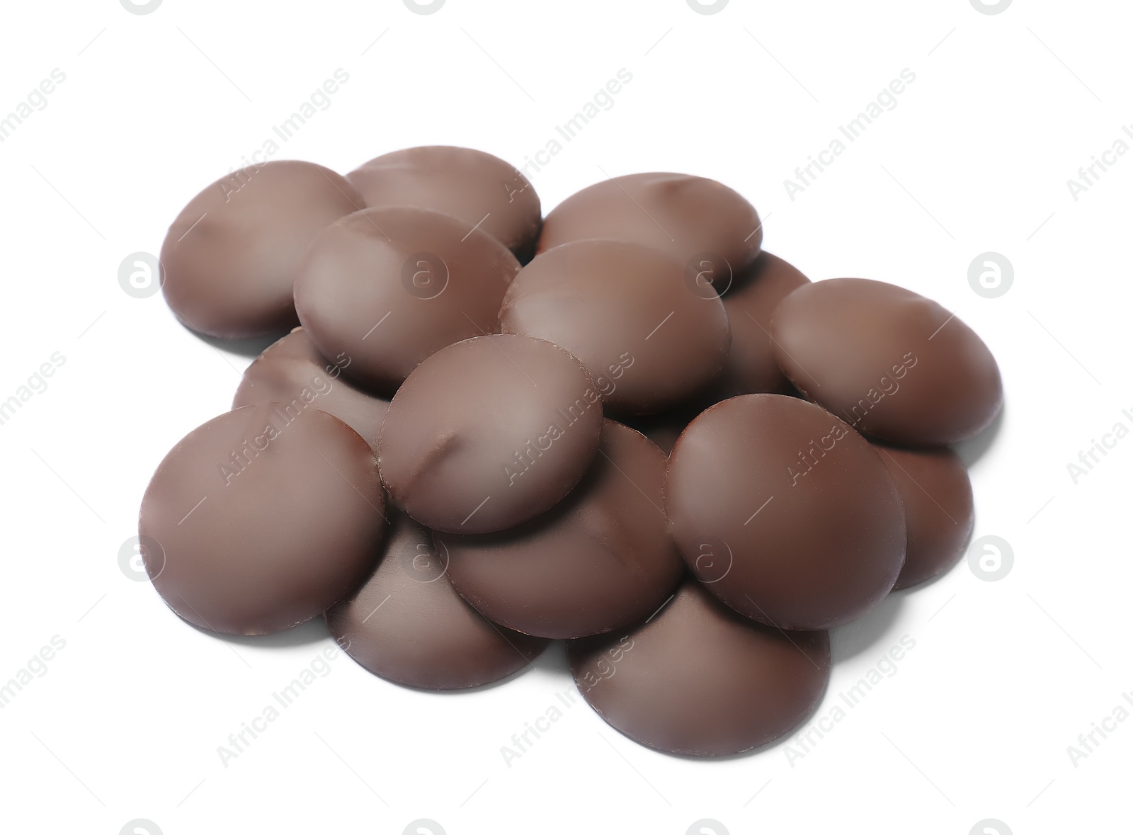 Photo of Delicious black chocolate chips on white background