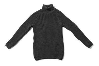 Photo of Stylish dark knitted sweater isolated on white, top view