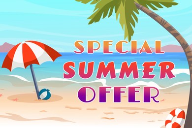 Illustration of Special summer offer flyer design.  sandy beach with umbrella, ball, palm and text
