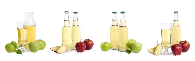 Image of Set with tasty apple cider and fresh fruits isolated on white