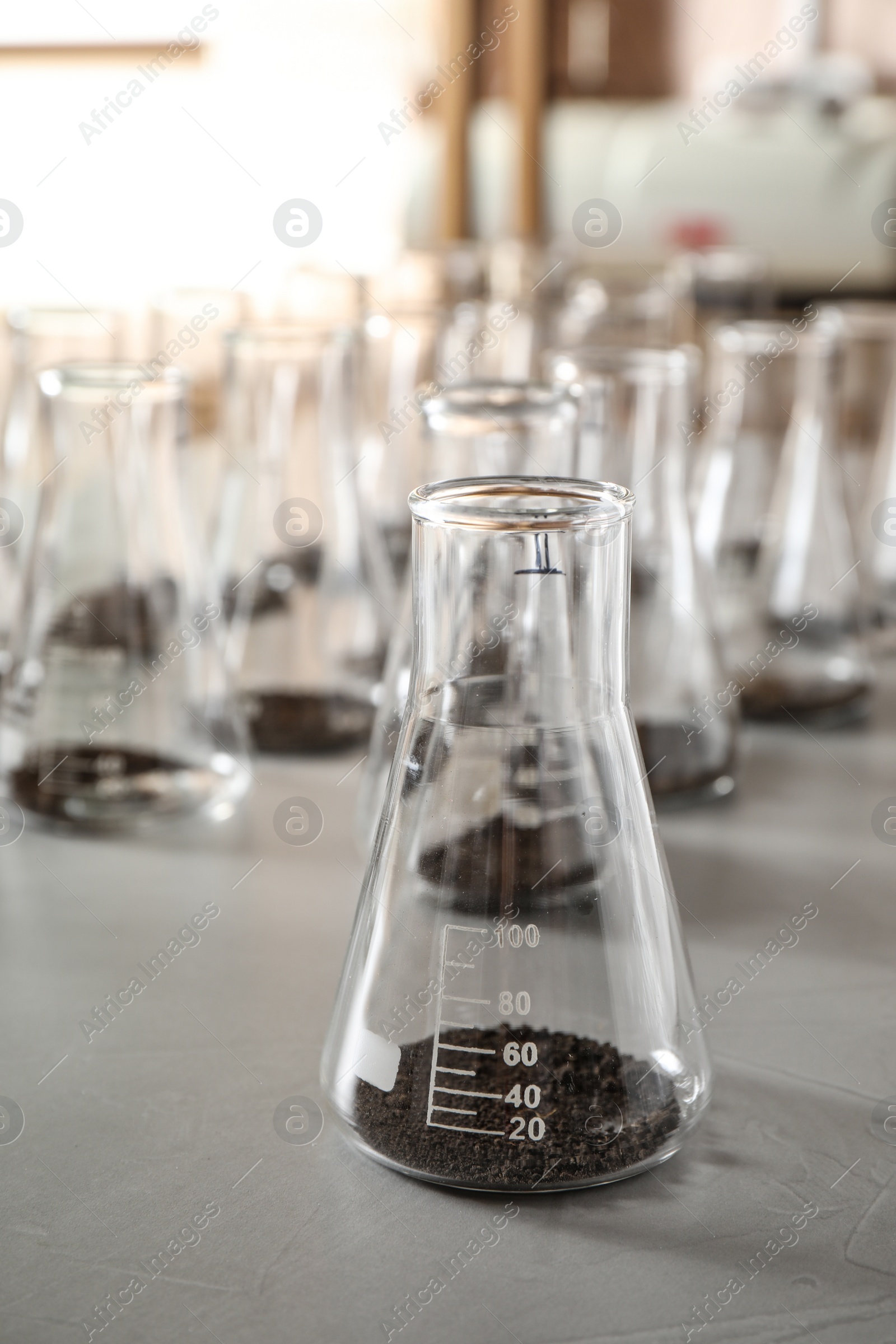 Photo of Glassware with soil samples on grey table. Laboratory research