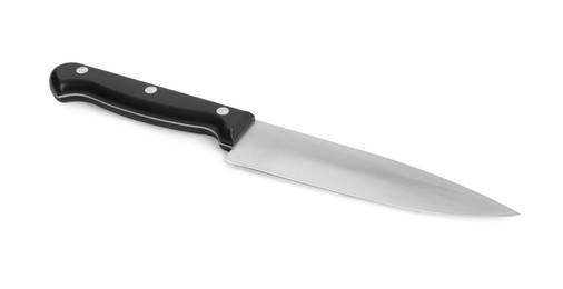 Photo of One sharp knife with black handle isolated on white