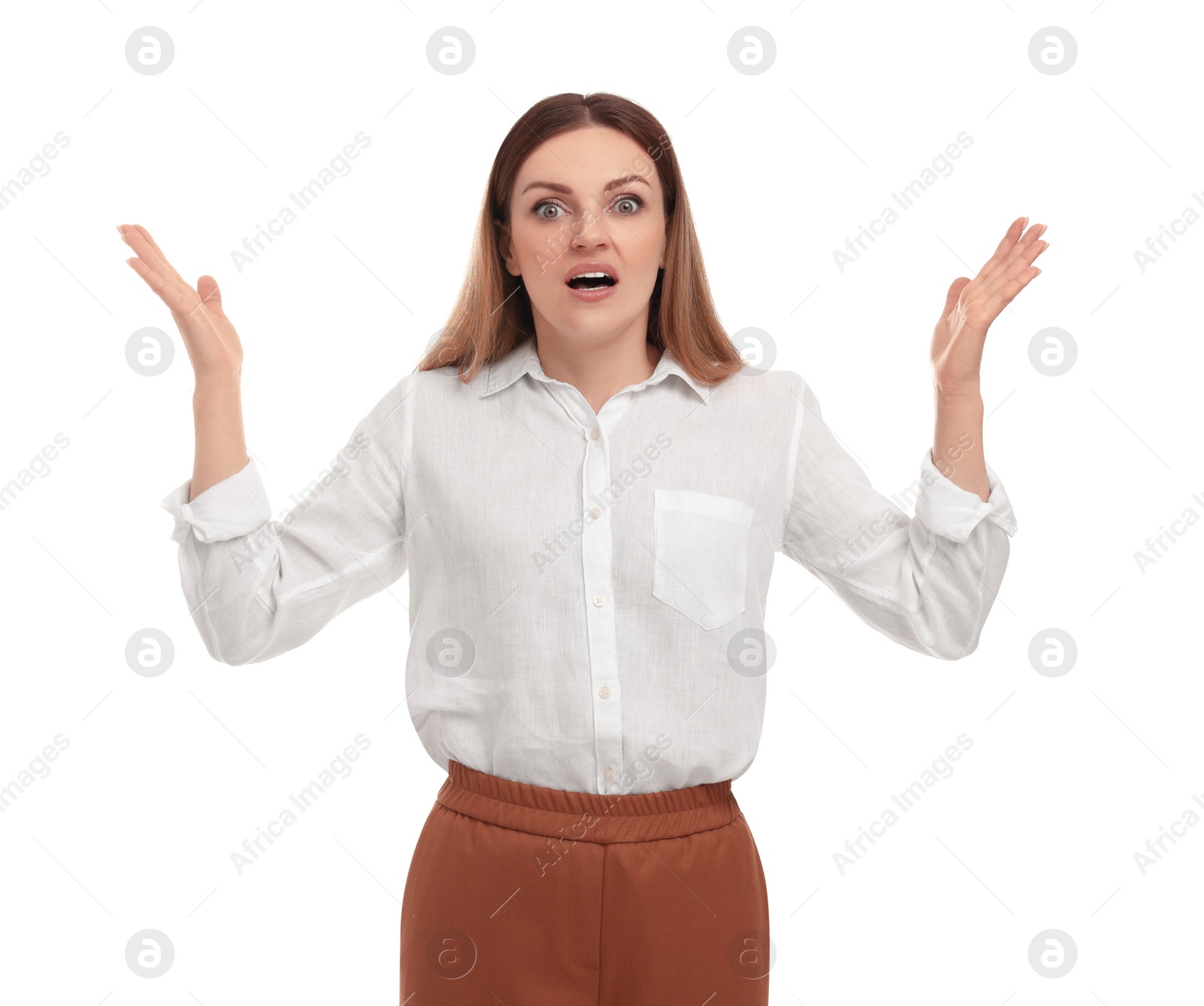 Photo of Beautiful emotional business woman on white background