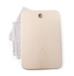 Photo of Wooden cutting board and kitchen towel isolated on white, top view