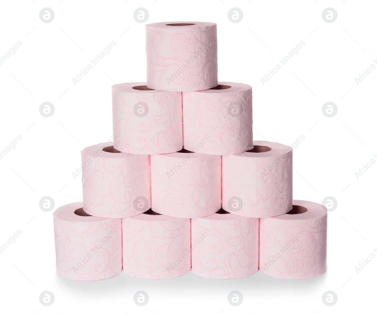 Photo of Color toilet paper rolls on white background