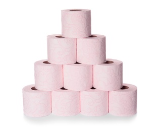 Photo of Color toilet paper rolls on white background