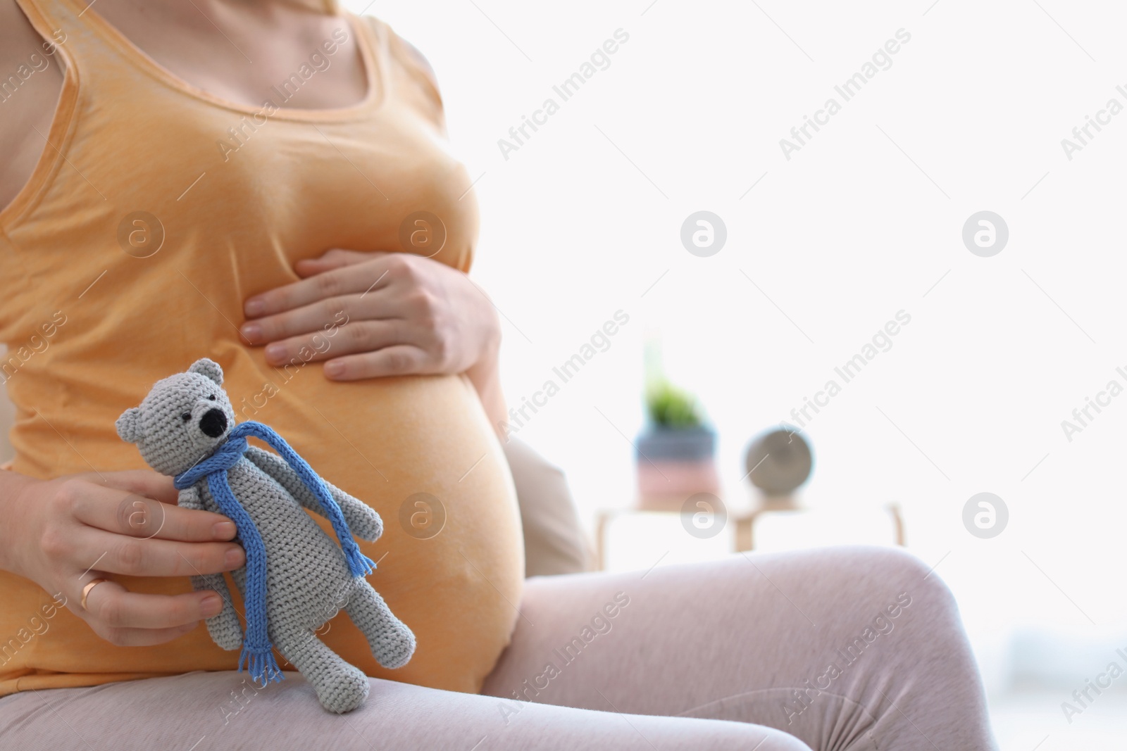 Photo of Pregnant woman holding toy near tummy in light room at home, closeup