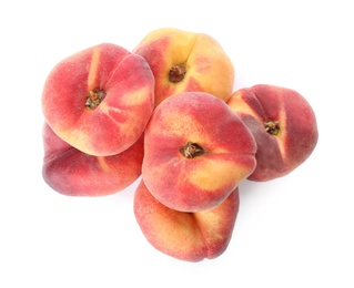 Photo of Fresh ripe donut peaches on white background, top view