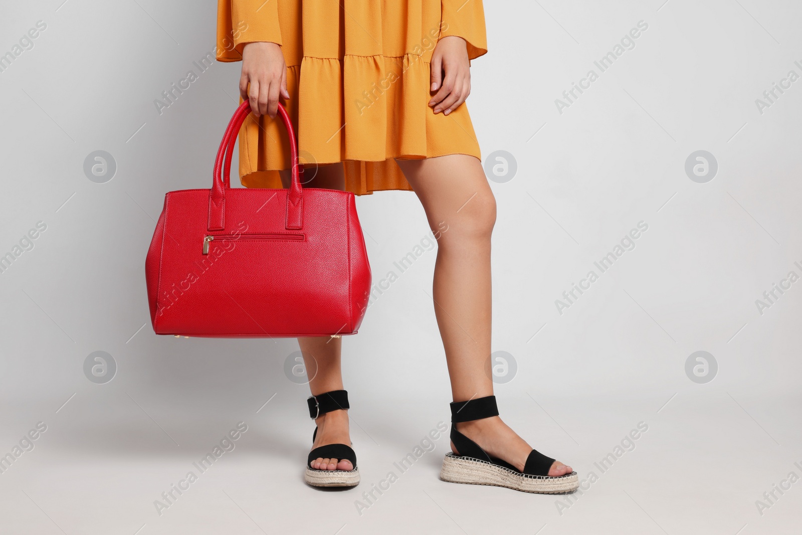 Photo of Young woman with stylish bag on white background, closeup