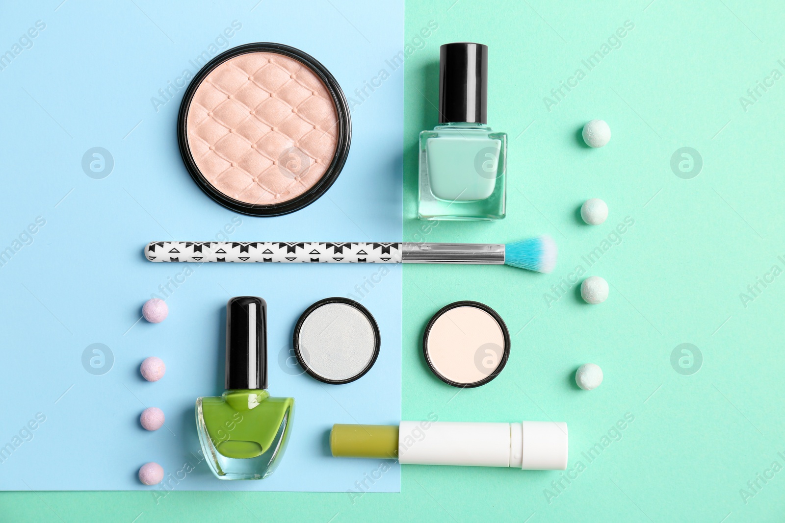 Photo of Flat lay composition with cosmetic products on color background