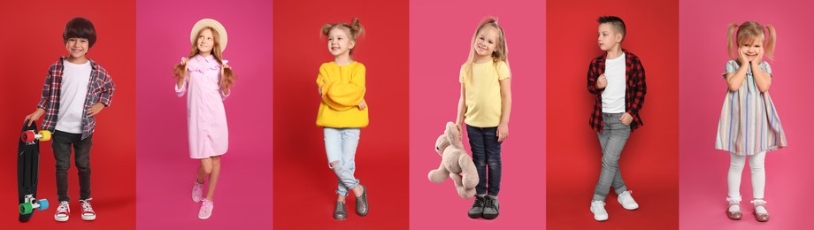 Collage with photos of kids wearing trendy clothes on different color backgrounds