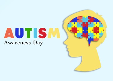 Illustration of World Autism Awareness Day. Silhouette of boy with puzzle pieces in his head on light blue background