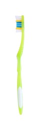 Photo of Light green plastic toothbrush isolated on white. Dental care