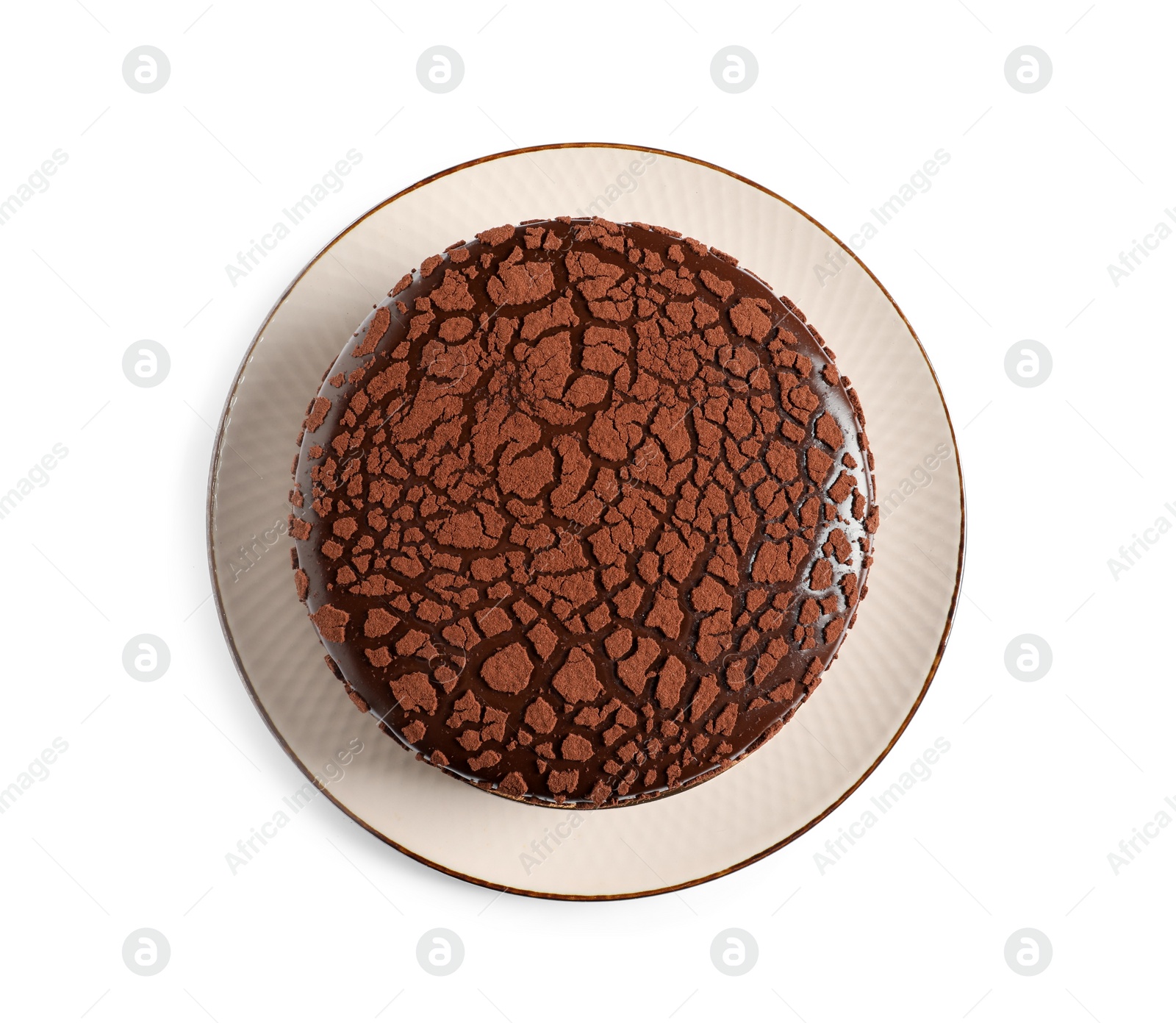Photo of Delicious chocolate truffle cake isolated on white, top view