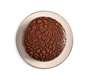 Photo of Delicious chocolate truffle cake isolated on white, top view