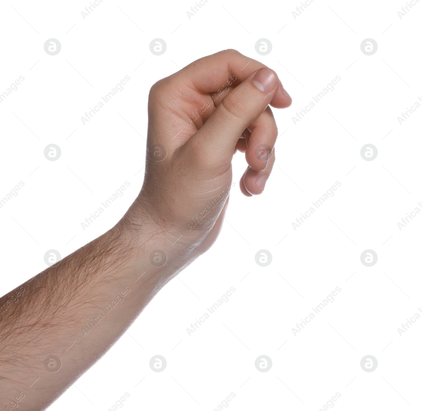 Photo of Man holding something on white background, closeup