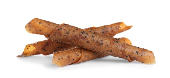 Photo of Delicious fruit leather rolls on white background