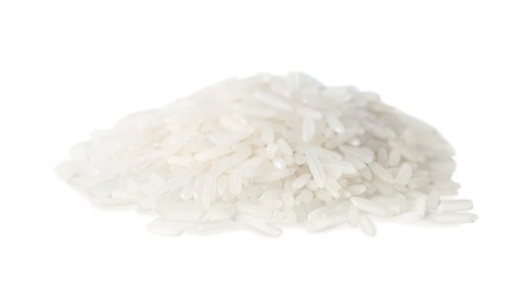 Uncooked long grain rice on white background