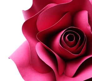 Beautiful red flower made of paper on white background, top view