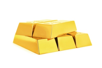 Precious shiny gold bars on white background