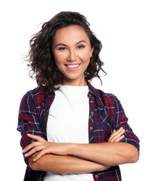 Photo of Portrait of happy young woman on white background