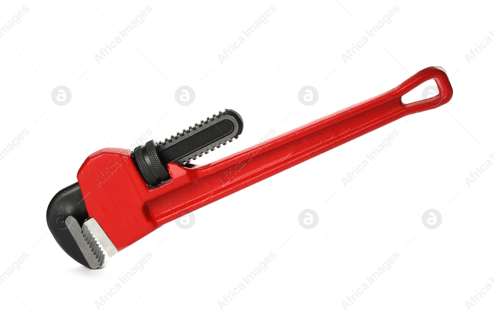 Photo of New pipe wrench on white background. Professional construction tool