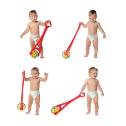 Image of Collage with photos of cute baby with push toy learning to walk on white background