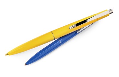 Photo of New stylish blue and yellow pens isolated on white