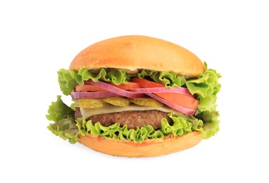 One tasty burger with vegetables, patty and lettuce isolated on white