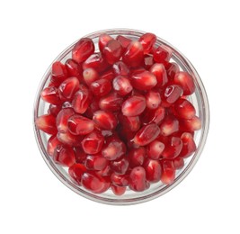 Photo of Ripe juicy pomegranate grains in bowl isolated on white, top view