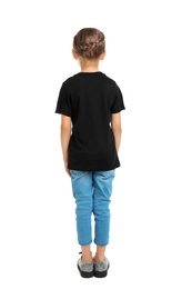 Photo of Little girl in t-shirt on white background. Mockup for design