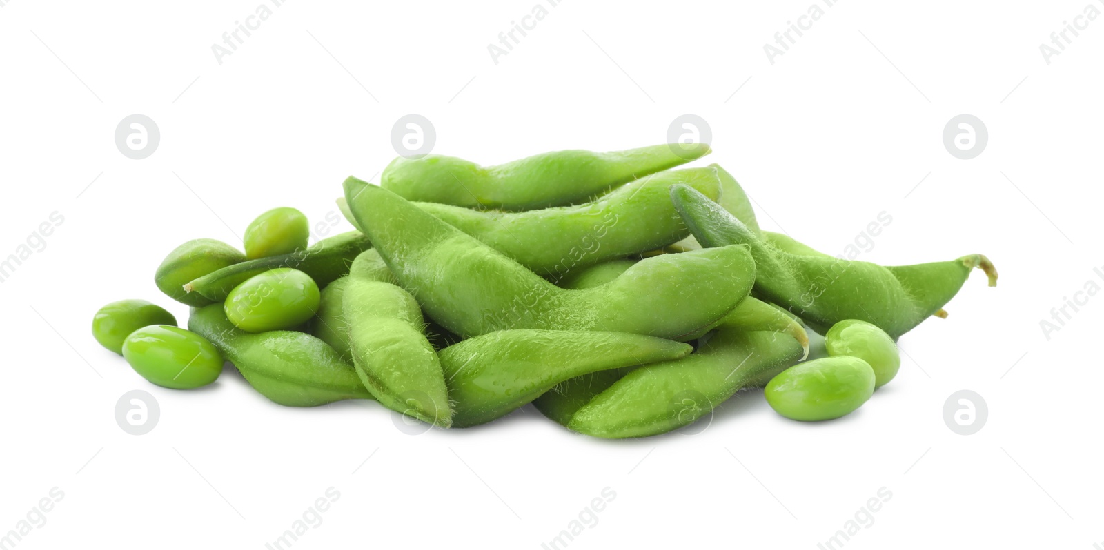 Photo of Fresh green edamame pods and beans on white background