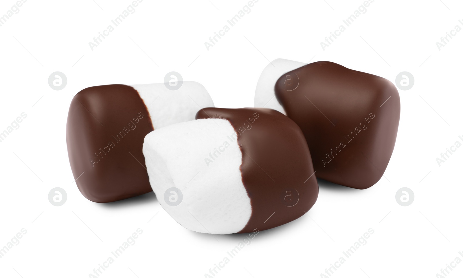 Photo of Tasty marshmallows dipped into chocolate on white background