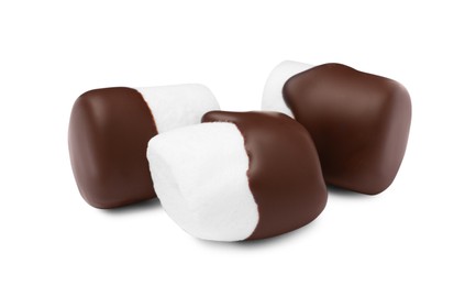 Photo of Tasty marshmallows dipped into chocolate on white background