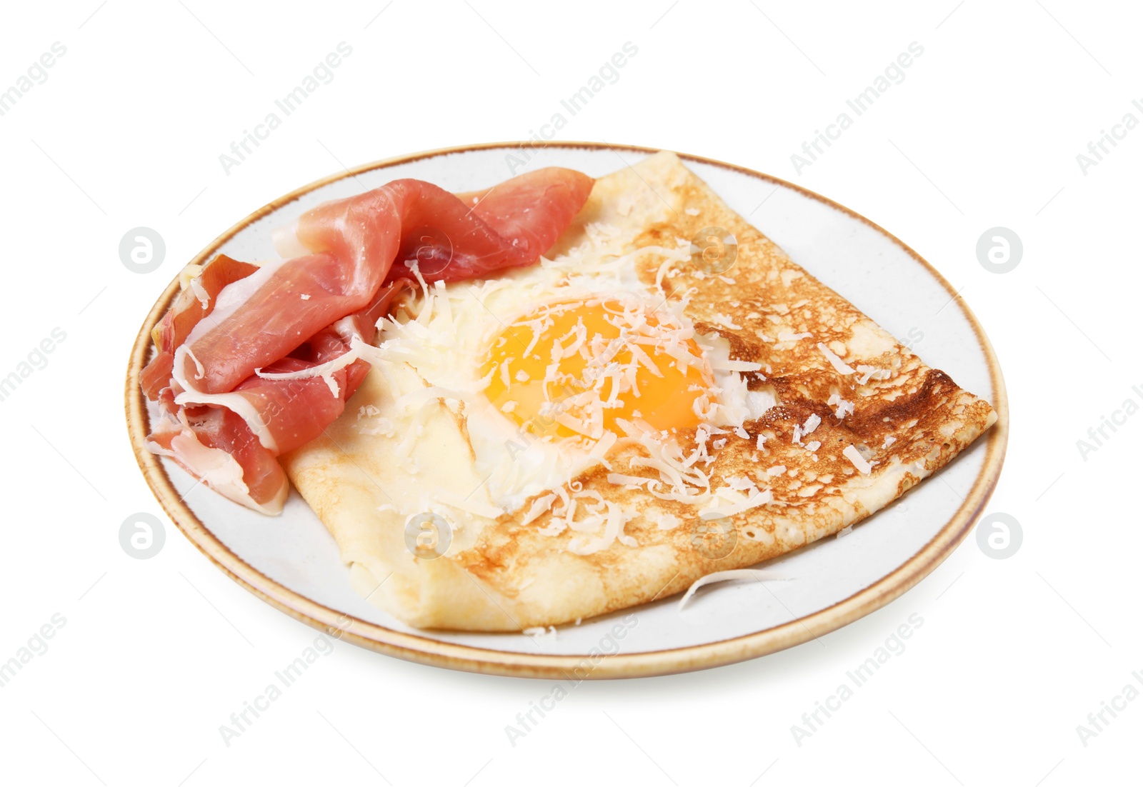 Photo of Delicious crepe with egg isolated on white. Breton galette
