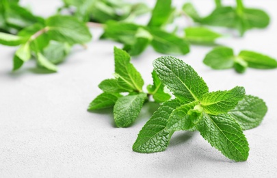 Photo of Fresh green mint on light table, closeup